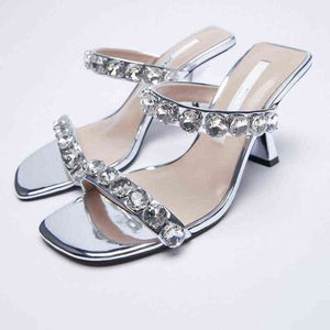 Sandaler Kvinnor Sparkly Straps Högklackat Silver Diamant Embellished Pumps Lady Elegant Tofflor Squared Toe Single Shoes 220303