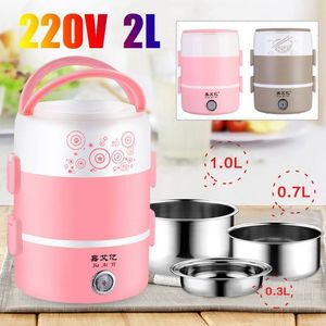 220V 2L Stainless Steel Portable Electric 3 Layer Lunch Box Rice Cooker Warmer Food Steamer Container Electric Heater Warmer 201015