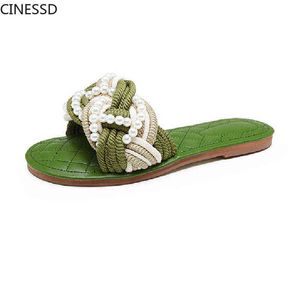 Sandali Pantofole da donna in vera pelle Perle con sandali in corda di paglia Sandali in vera morbida pelle di pecora 220310