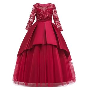 2019 Teen Party Girls Wedding Dress Långärmad Lace Flower Party Tulle Princess Födelsedag Klänning Gown för Girls 4-14 År LJ200923