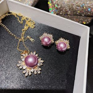 Wholesale purple stone necklace set resale online - Earrings Necklace Gold Plated Purple Shell Pearl Stud Earring Charm Jewelry Set With Zircon Stone Women Fashion Party