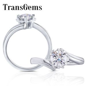 Transgems Kadınlar için Altın Nişan Yüzüğü 1CT 6CT 6.5mm F Renk 14K 585 Düğün Hediyesi için Beyaz Altın Yüzük Y200620