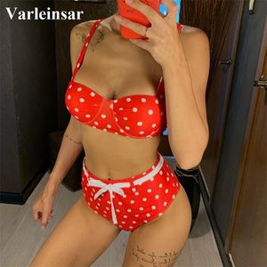 Polka Dot Yüksek Bel Bikini Kadın Mayo Kadın Mayo İki Parça Bikini Seti Push Up Bath Bathing Suit V1478 T200508