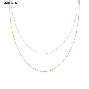 Andywen 925 Sterling Silver Gold Long Box Chain Choker Halsband 2022 Kvinnor Bröllop Tunna Liten Lyx Smycken Kristall