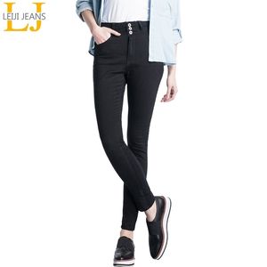 LEIJIJEANS Vita alta con bottoni a vita intera Plus Size nero per jeans donna stretch skinny a matita 201106