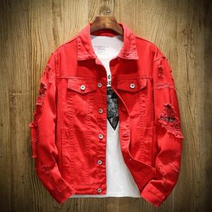 Men Denim Jacket Turn-down Collar Ripped Holes Outwear Red White Pink Black Jean Jackets Autumn Winter Plus Size 4XL Streetwear Women Men Bomber Coat Chaqueta Hombre