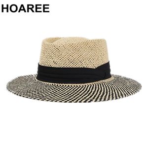 Hoaree Panama Hat Men Porkpie Sun Hat Summer Straw wide brim Fedora Male Hand Blick Black PatchworkカジュアルビーチトライベービーハットY200714