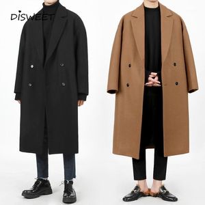 Men's Wool & Blends Solid Woolen Padded Coat Male Korean Long Loose Lapel Men's Simple Slim Warm Double-breasted Jacket Boy 20211