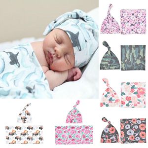 7 Kolory Noworodek Koetki Śpiwór Baby Bawełniany Swiaddle 2 PC Zestaw Kapelusz + Swaddle Animal Cow Whale Kwiatowy Druk Koce