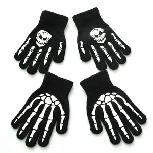 Guanti invernali caldi lavorati a maglia per alunni di 5-12 anni Halloween Skull Ghost Claw Glove Fingers Mittens Black