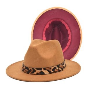 새로운 카키색 양모 Leopard Belt Fedora 여성 재즈 모자 패션 파티 공식 모자 와이드 브림 빈티지 파나마