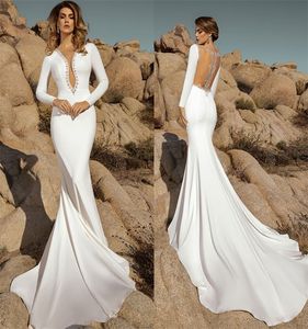 Abiti da sposa a sirena chic gioiello maniche lunghe perline applique pizzo increspato abito da sposa in raso sweep treno abiti da sposa su misura