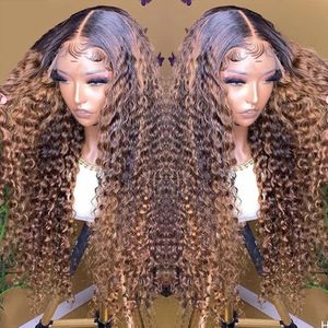 Markera färg #4/ #27 Mix Deep Curly HD Spets Frontal Wigs 13x6 med Deepd Part Colored Human Hair Lace Front Wig For Black Women