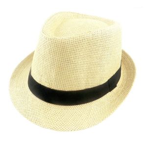 Cappelli a tesa avara Cappello di paglia solido estivo per donna e uomo Fedora da spiaggia Casual Panama Sun Jazz Caps 6 colori 60cm1