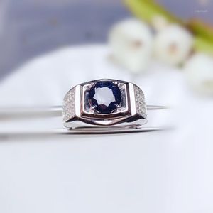 Cluster Rings Per Jewelry Men Ring Natural Real Black Sapphire Round 8*8mm 2.3ct Gemstone 925 Sterling Silver Q20591