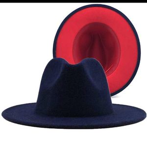 Schlichtes Marineblau mit rotem Boden, Patchwork-Panama-Wollfilz-Jazz-Fedora-Hüte für Damen und Herren, breite Krempe, Party-Cowboy-Trilby-Gamler-Hut