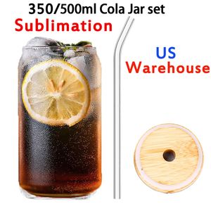 Local warehouse Sublimation 16oz clear frosted Glass tumbler can Creative Sequins Can shape Bottle Summer Drinkware Coffee with wood lid and plastic straw Z11