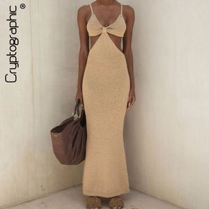 Cryptographic Spaghetti Strap Sexy Backless Maxi Dresses Sleeveless Sexy Women Dresses Party Club Elegant Hollow Dress Sundress Y0118