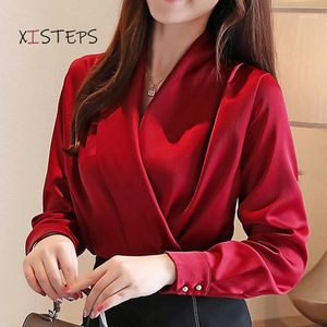 Women's Blouses & Shirts Deep V-neck Satin Women Chiffon Elegant Female Office Lady Tops White Red Green Ladies Clothes Long Sleeve 2021