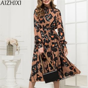 Aizhixi старинные издевательства женские платье осень с длинными рукавами Sashes ShiM A-Line Prated платье Midi Party платья плюс размер LJ200818