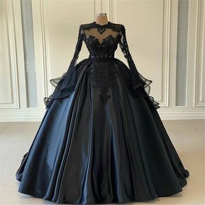 Major Beads Prom Dresses Black Satin Long Sleeves Appliqued Lace Puffy Evening Dress Ruched Sweep Train Formal Pageant Dress Custom Made