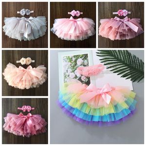 Baby Girls юбок младенческая девушка TUTU юбка оголовье 2 шт. Устанавливает Новорожденный тюль лук Bow Blualers Rainbow короткие платья подгузники крышка 11 цветов DW6347