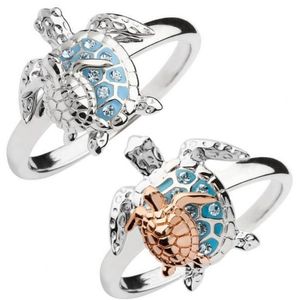 Azul mar tortuga anillo oro plata platillo rhinestone tortuga banda de aleación mujeres madre anillos regalo moda joyería hj l2