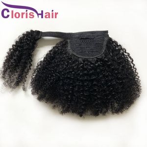 Afro Kinky Curly Human Hair Wrap Around Ponytail Extensions Clip Ins Natural Black Raw Indian Virgin Magic Paste Ponytails Hairpiece For Black Women