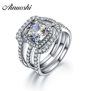 AINUOSHI Luxus Braut Ehering Set 925 Sterling Silber 3 Karat Cushion Cut NSCD 3PC Frauen Engagement Halo Ring Set Y200107