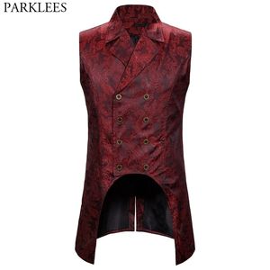 Vinho Vermelho Paisley Jacquard Longo Vest Homens Dupla Breasted Lapel Brocade Colete Waistcoat Mens Gótico Steampunk Sleeveless TailCoat 201106