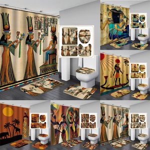 Ancient Egyptian Women Shower Curtain Polyester Fabric 4 Piece Bathroom DIY Decor Retro Design Carpet Cover Toilet Mat T200711