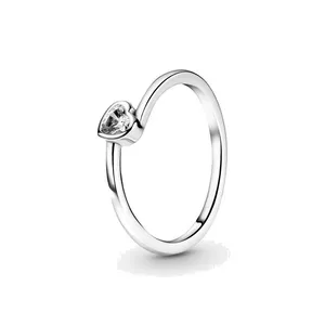 Fine jewelry Authentic 925 Sterling Silver Ring Fit Pandora Charm Clear Tilted Heart Solitaire Rings Fashion Engagement DIY Wedding Rings