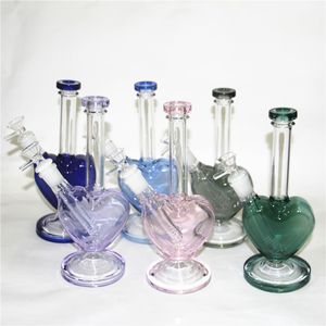 Herzförmige berauschende Glasbongs, Recycler-Bong-Wasserpfeifen, grün-lila Wasserpfeifen, Öl-Dab-Rigs, 14-mm-Verbindung mit Schüssel-Aschefänger
