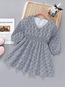 Toddler Girls Allover Print V Neck Shirred Dress Hon