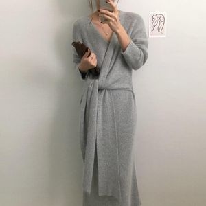 Casual Dresses Höst Vinter Koreanska Belted Långtröja Klänning Kvinnor Solid Mjuk Varm Cashmere Stickade Kvinnliga Eleganta Vestidos