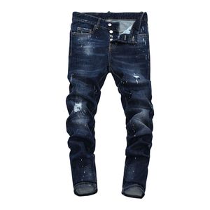 Tops Men Ripped Painted Dark Blue Jeans Fashion Designer Slim Fit Low Waist Biker Denim Pants Hip Hop Trousers NJ7912