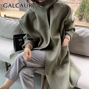 Galcaur 두꺼운 트위드 코트 여성용 후드 칼라 긴 소매 루스 포켓 대형 우아한 코트 여성 가을 ​​의류 201103