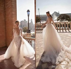 2022 Abiti da sposa sexy a sirena con strascico staccabile Abito da sposa sexy con scollo a V profondo senza spalline a maniche lunghe Abito da sposa in pizzo BC11230 C0210