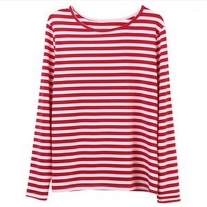女性のブラウスシャツ2021女性のファッション春の夏の袖赤い白の縞模様の緩いシャツ長いカジュアルプルオーバートップスTee 1