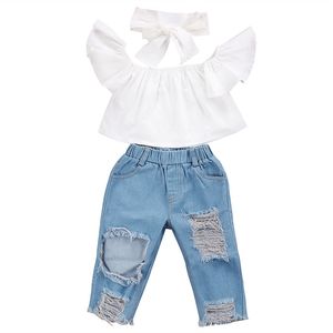 3 Pieces Set Baby Clothing Fashion Baby White Jacket Hole Jeans Bows Headwear Children Woman Clothes Sets 2020 30jx K2