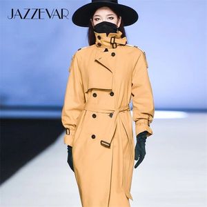 Jazzvar جديد وصول الخريف أعلى خندق معطف المرأة مزدوجة الصدر طويل ملابس خارجية لسيدة عالية الجودة معطف المرأة 9003-1 201211