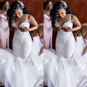 White Lace Wedding Dresses Custom Made Mermaid Plus Size Floral Appliques Spaghetti Straps Sleeveless 2021 African Bridal Gowns