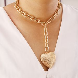 Gold Color Metal Carved Heart Pendant Necklaces Steampunk Cuban Thick Chain Long Necklace Women Men Lovers Jewelry Gifts