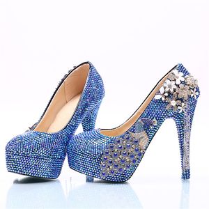 Azul Luxo Pavão Completo Diamante Sapatas de Casamento Flor Correntes Bombas Bocinhas Altas Sapatos Noiva 14cm Prom Para Senhora Impermeável