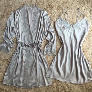 Women's Sleepwear Wholesale- Gray Women's Style Satin Robes Gown Sexy Pajamas With Belt Bathrobes Long Sleeve Summer Nightgown M L XL