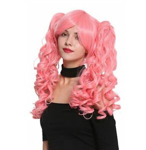 Damen-Perücke, Cosplay, kurz, wild geteilt, 2 lange lockige Zöpfe, rosa