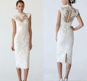 Korta mantel bröllopsklänningar 2021 Elegant Boho Beach High Neck Lace Bridal Gowns Cap Sleeves Knappar Tillbaka Te Längd Vestidos Garden Al7434