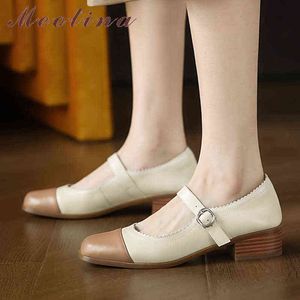 Scarpe da donna genuina scarpe in pelle alla moda tacchi medi fibbia e punta quadrata Albicocca 2 9