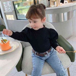 Toddler Kid Girls Solid Color Tees Tops Retro Style Puff Sleeve Girls Casual T-shirt Autumn Bottoming Shirt Korean Tops G1224