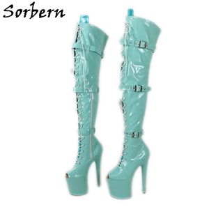 Sorbern Mint Green Pole Dance Boots Women Stripper High Heel Peep Toe Triple Straps 20cm Extreme Heeled Skor